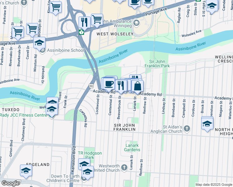 map of restaurants, bars, coffee shops, grocery stores, and more near 590 Academy Road in Winnipeg