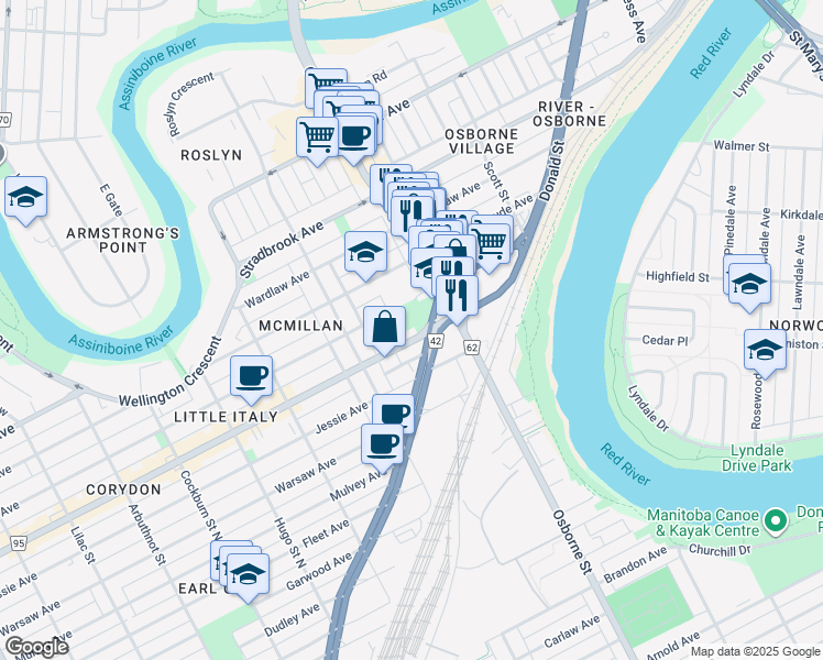 map of restaurants, bars, coffee shops, grocery stores, and more near 481 Corydon Avenue in Winnipeg