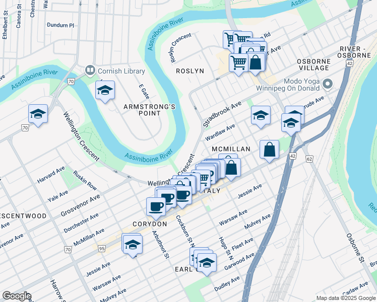 map of restaurants, bars, coffee shops, grocery stores, and more near 221 Wellington Crescent in Winnipeg