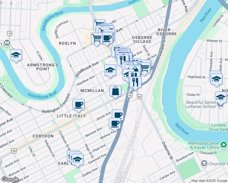 map of restaurants, bars, coffee shops, grocery stores, and more near 508 McMillan Avenue in Winnipeg