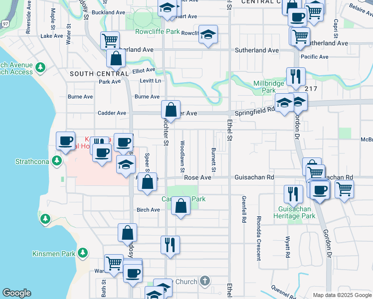 map of restaurants, bars, coffee shops, grocery stores, and more near 2164 Woodlawn Street in Kelowna