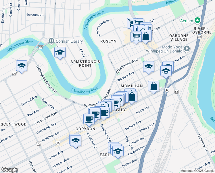 map of restaurants, bars, coffee shops, grocery stores, and more near 221 Wellington Crescent in Winnipeg