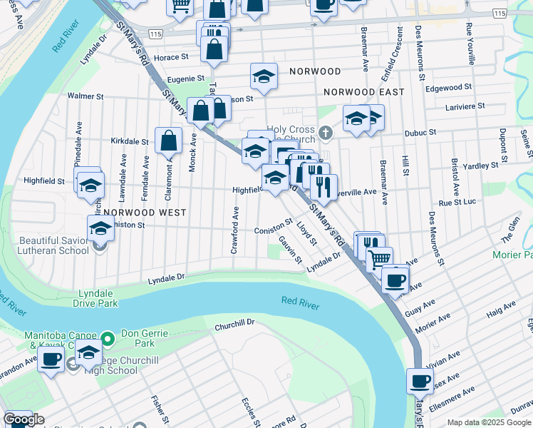 map of restaurants, bars, coffee shops, grocery stores, and more near 90 Chandos Avenue in Winnipeg