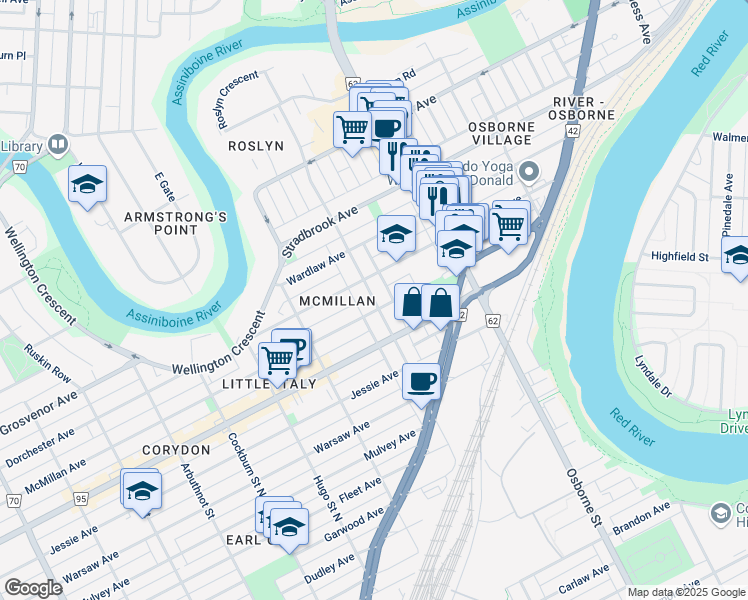 map of restaurants, bars, coffee shops, grocery stores, and more near 204 Nassau Street North in Winnipeg