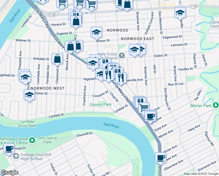 map of restaurants, bars, coffee shops, grocery stores, and more near 211 Coniston Street in Winnipeg