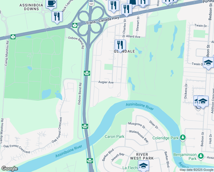 map of restaurants, bars, coffee shops, grocery stores, and more near 450 Augier Avenue in Winnipeg