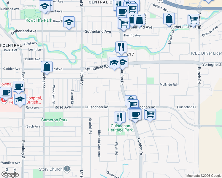 map of restaurants, bars, coffee shops, grocery stores, and more near 2200 Gordon Drive in Kelowna