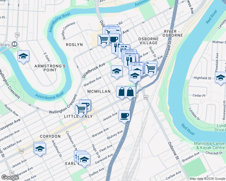map of restaurants, bars, coffee shops, grocery stores, and more near 535 McMillan Avenue in Winnipeg