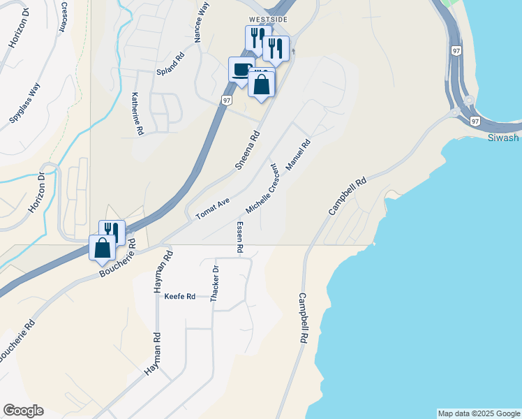 map of restaurants, bars, coffee shops, grocery stores, and more near 2148 Alexander Place in Kelowna