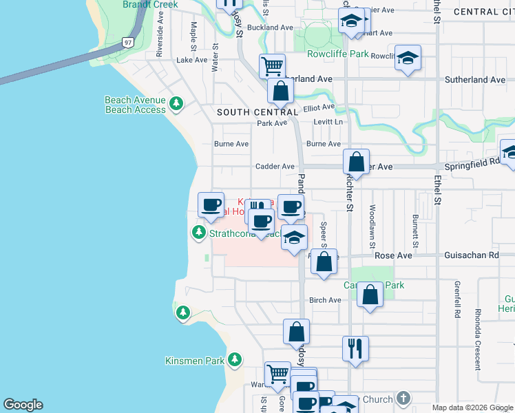 map of restaurants, bars, coffee shops, grocery stores, and more near 2160 Long Street in Kelowna