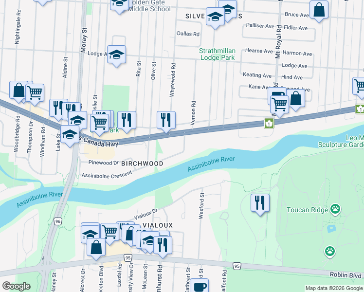 map of restaurants, bars, coffee shops, grocery stores, and more near 2427 Assiniboine Crescent in Winnipeg