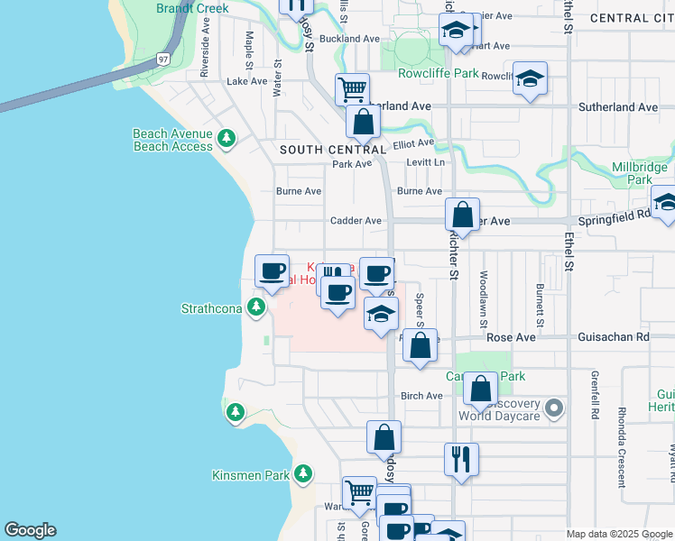 map of restaurants, bars, coffee shops, grocery stores, and more near 2160 Long Street in Kelowna