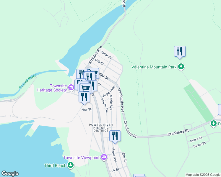 map of restaurants, bars, coffee shops, grocery stores, and more near 6343 B Sycamore Street in Powell River