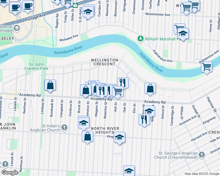 map of restaurants, bars, coffee shops, grocery stores, and more near 120 Waterloo Street in Winnipeg