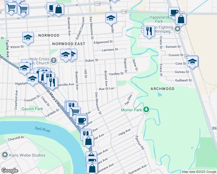 map of restaurants, bars, coffee shops, grocery stores, and more near 96 Rue Saint Luc in Winnipeg