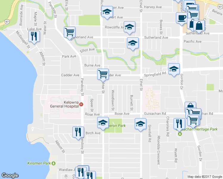 map of restaurants, bars, coffee shops, grocery stores, and more near 2164 Woodlawn Street in Kelowna