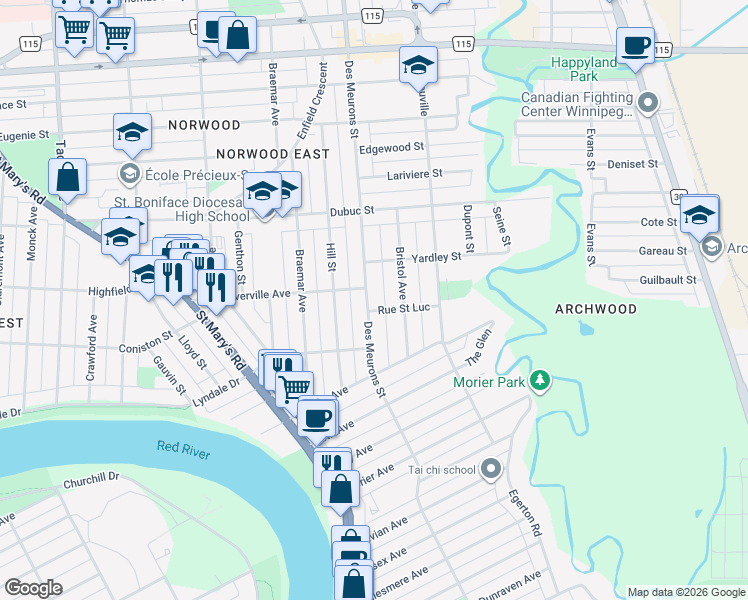 map of restaurants, bars, coffee shops, grocery stores, and more near in Winnipeg