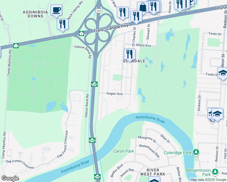 map of restaurants, bars, coffee shops, grocery stores, and more near 465 Augier Avenue in Winnipeg