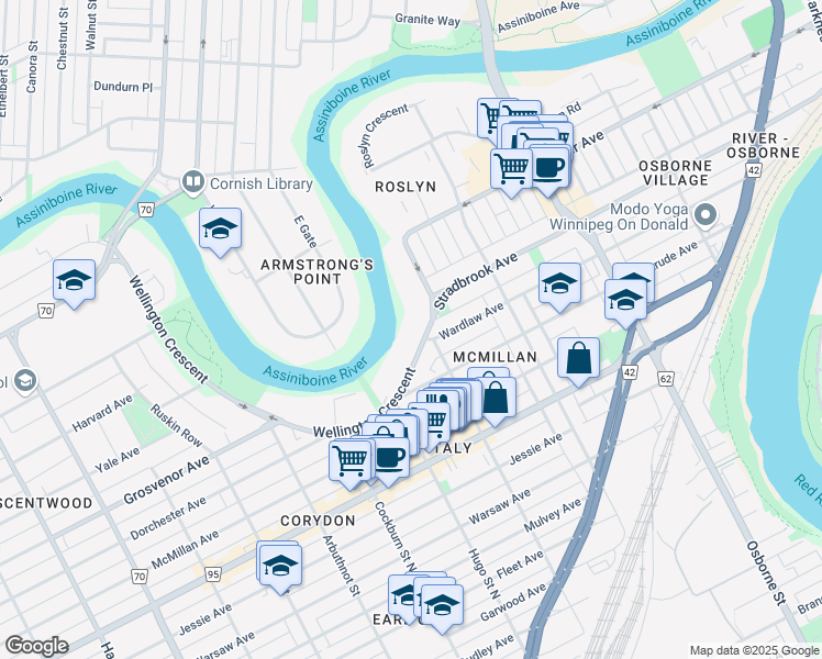 map of restaurants, bars, coffee shops, grocery stores, and more near 221 Wellington Crescent in Winnipeg