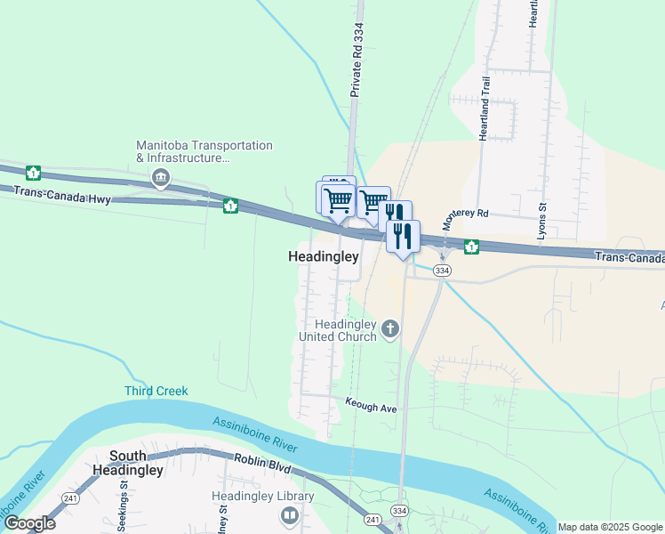 map of restaurants, bars, coffee shops, grocery stores, and more near 132 Manitoba Street in Headingley