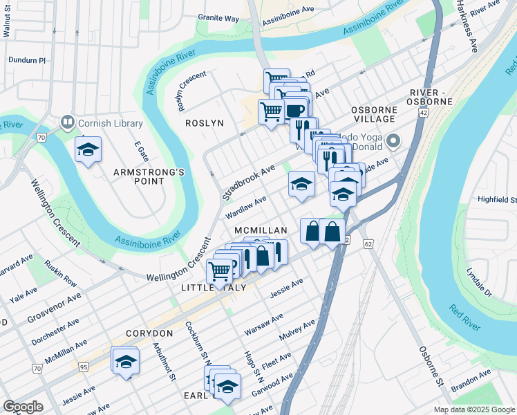 map of restaurants, bars, coffee shops, grocery stores, and more near 562 Wardlaw Avenue in Winnipeg