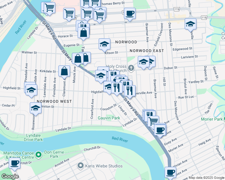 map of restaurants, bars, coffee shops, grocery stores, and more near 210 Saint Mary's Road in Winnipeg