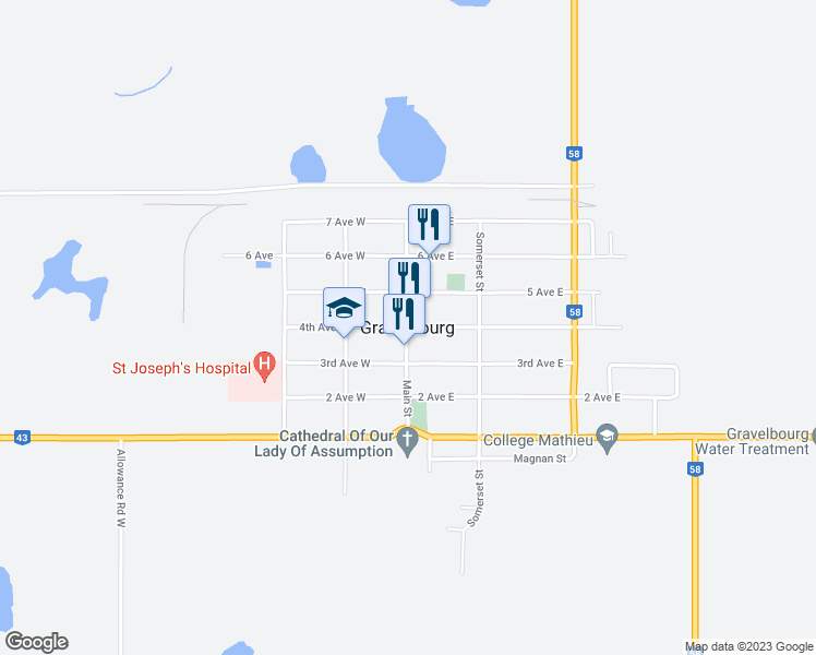 map of restaurants, bars, coffee shops, grocery stores, and more near in Gravelbourg