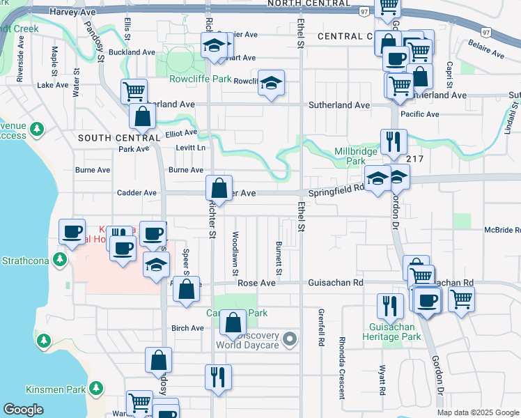 map of restaurants, bars, coffee shops, grocery stores, and more near in Kelowna