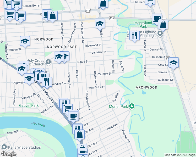 map of restaurants, bars, coffee shops, grocery stores, and more near 96 Rue Saint Luc in Winnipeg