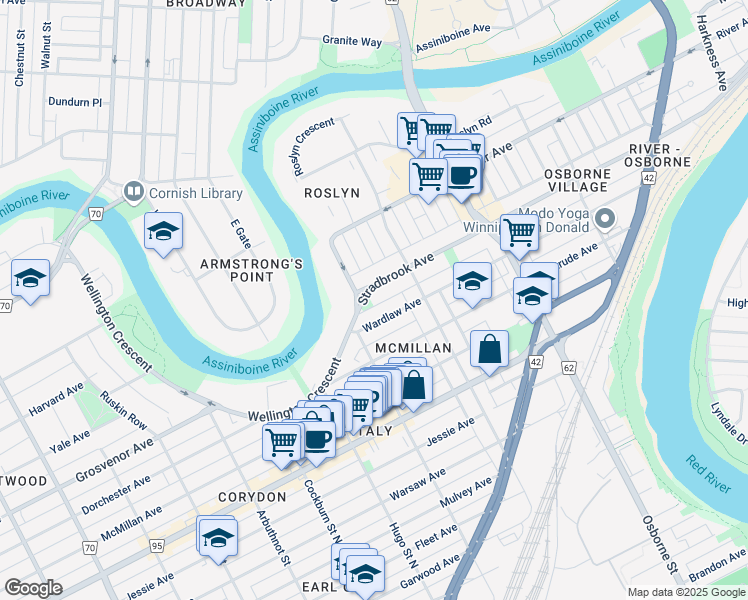 map of restaurants, bars, coffee shops, grocery stores, and more near 611 Wardlaw Avenue in Winnipeg
