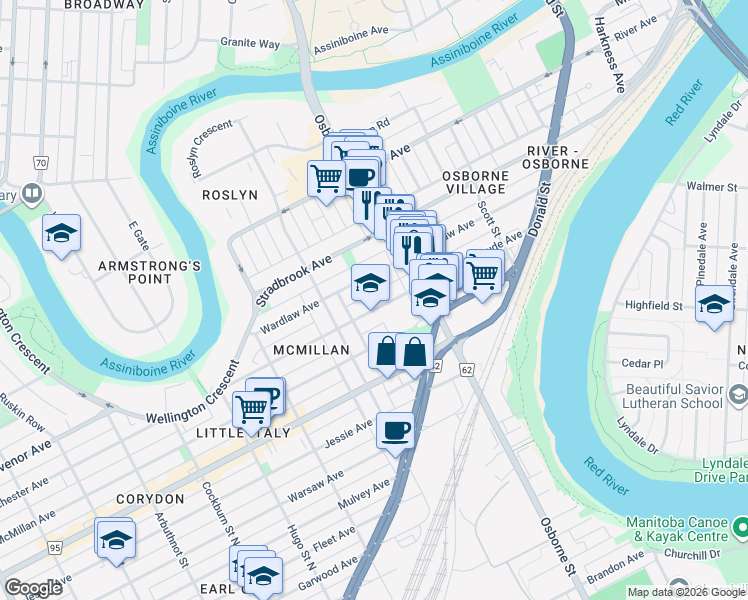 map of restaurants, bars, coffee shops, grocery stores, and more near 501 Gertrude Avenue in Winnipeg