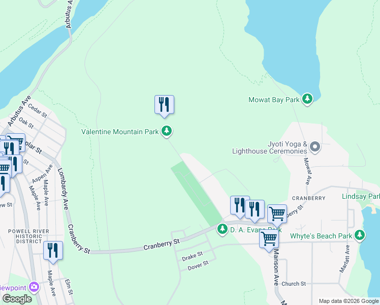 map of restaurants, bars, coffee shops, grocery stores, and more near 5876 Crown Avenue in Powell River