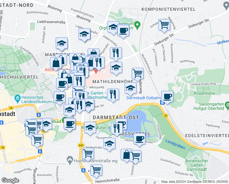 map of restaurants, bars, coffee shops, grocery stores, and more near 17 Alexandraweg in Darmstadt