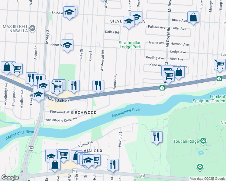 map of restaurants, bars, coffee shops, grocery stores, and more near 2431 Portage Avenue in Winnipeg