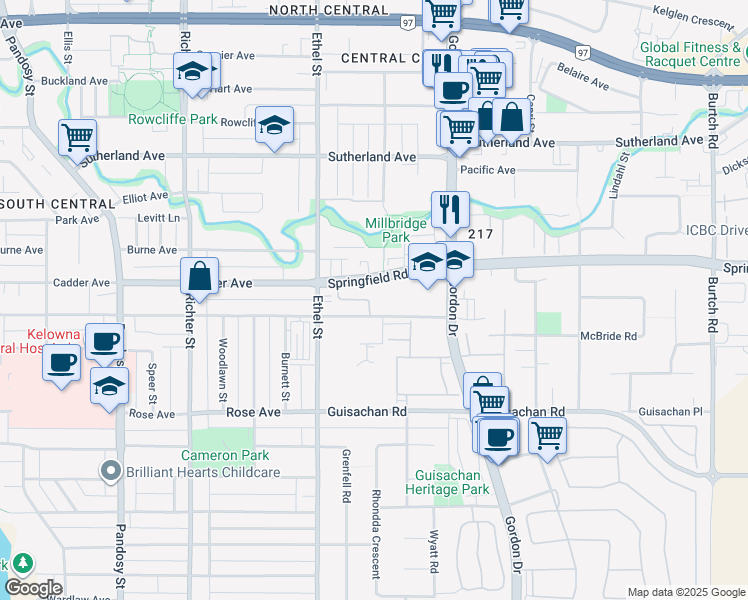 map of restaurants, bars, coffee shops, grocery stores, and more near 970 Springfield Road in Kelowna