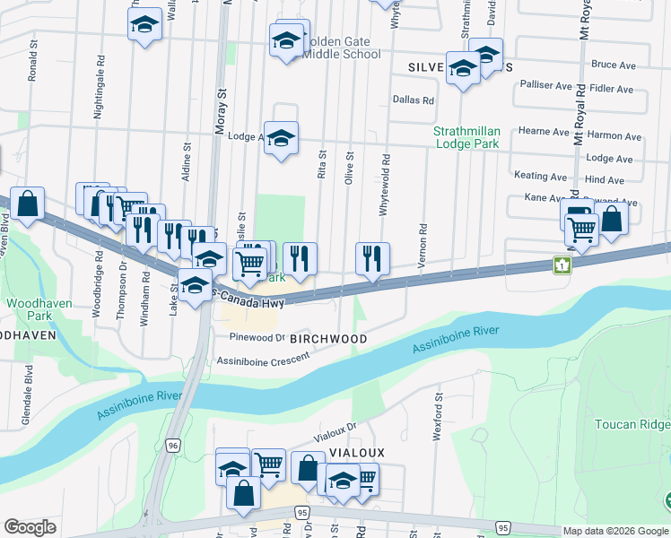 map of restaurants, bars, coffee shops, grocery stores, and more near 206 Olive Street in Winnipeg