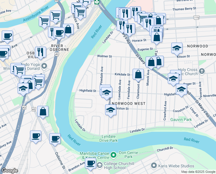 map of restaurants, bars, coffee shops, grocery stores, and more near 131 Birchdale Avenue in Winnipeg