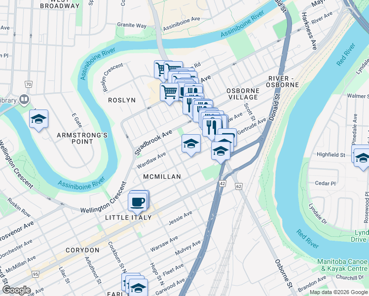 map of restaurants, bars, coffee shops, grocery stores, and more near 512 Wardlaw Avenue in Winnipeg