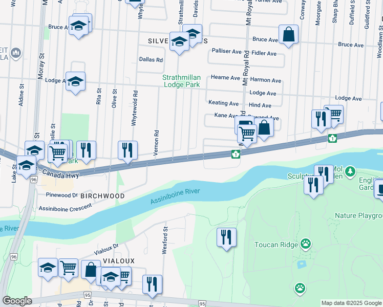 map of restaurants, bars, coffee shops, grocery stores, and more near 2371 Portage Avenue in Winnipeg