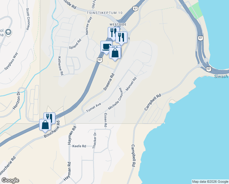 map of restaurants, bars, coffee shops, grocery stores, and more near 2112 Tomat Avenue in Kelowna