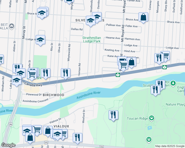 map of restaurants, bars, coffee shops, grocery stores, and more near 211 Strathmillan Road in Winnipeg