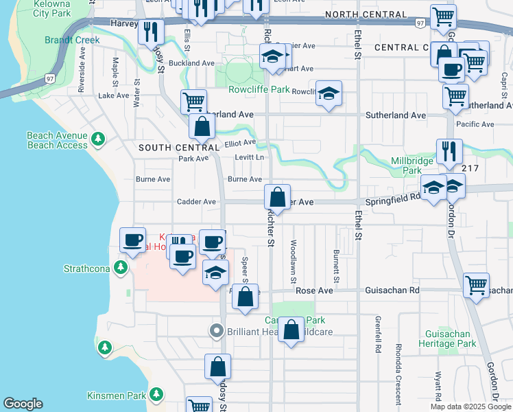 map of restaurants, bars, coffee shops, grocery stores, and more near 649 Cadder Avenue in Kelowna