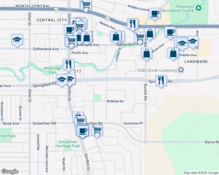 map of restaurants, bars, coffee shops, grocery stores, and more near 1302 McBride Road in Kelowna