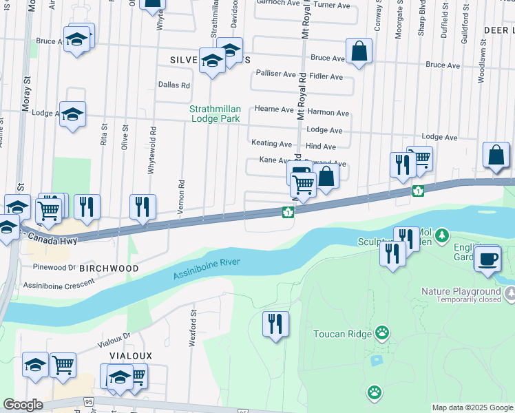 map of restaurants, bars, coffee shops, grocery stores, and more near 2345 Portage Avenue in Winnipeg