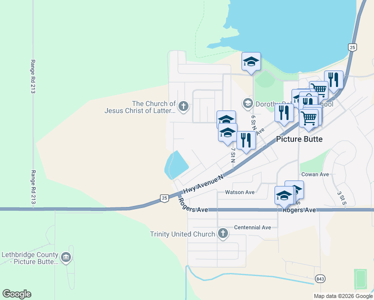 map of restaurants, bars, coffee shops, grocery stores, and more near 316 Piron Place in Picture Butte