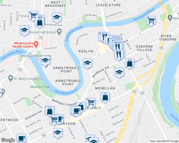 map of restaurants, bars, coffee shops, grocery stores, and more near 122 Wellington Crescent in Winnipeg