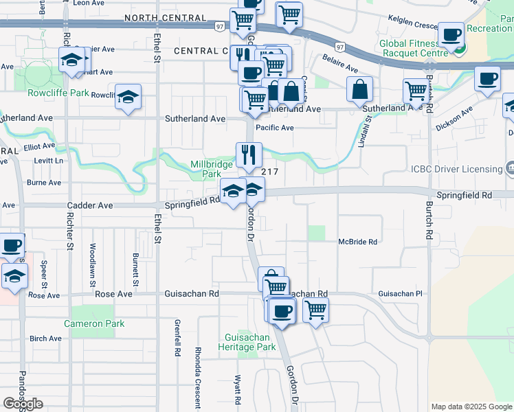map of restaurants, bars, coffee shops, grocery stores, and more near 2071 Gordon Drive in Kelowna
