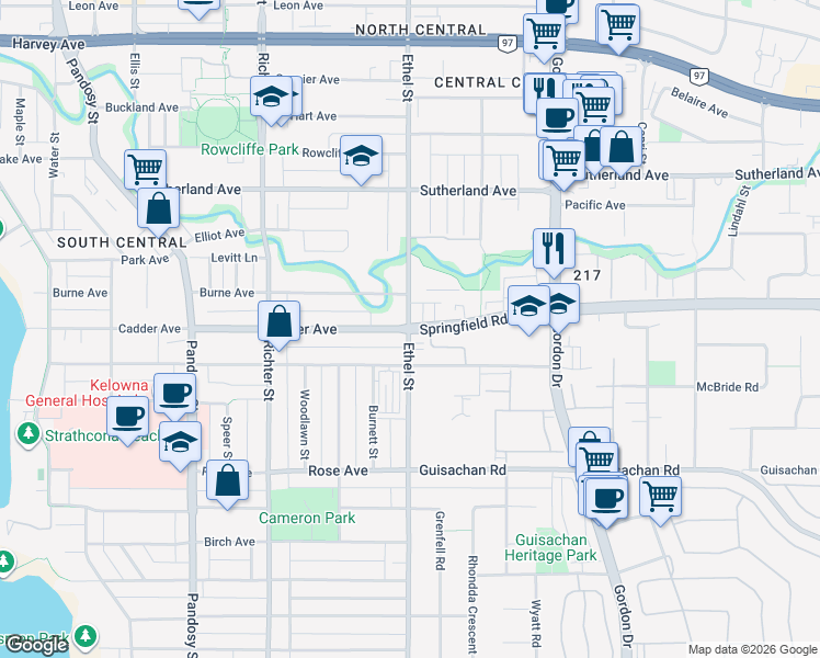 map of restaurants, bars, coffee shops, grocery stores, and more near 951 Springfield Road in Kelowna