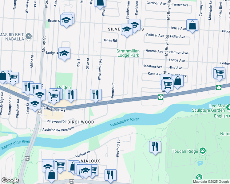 map of restaurants, bars, coffee shops, grocery stores, and more near 203 Vernon Road in Winnipeg