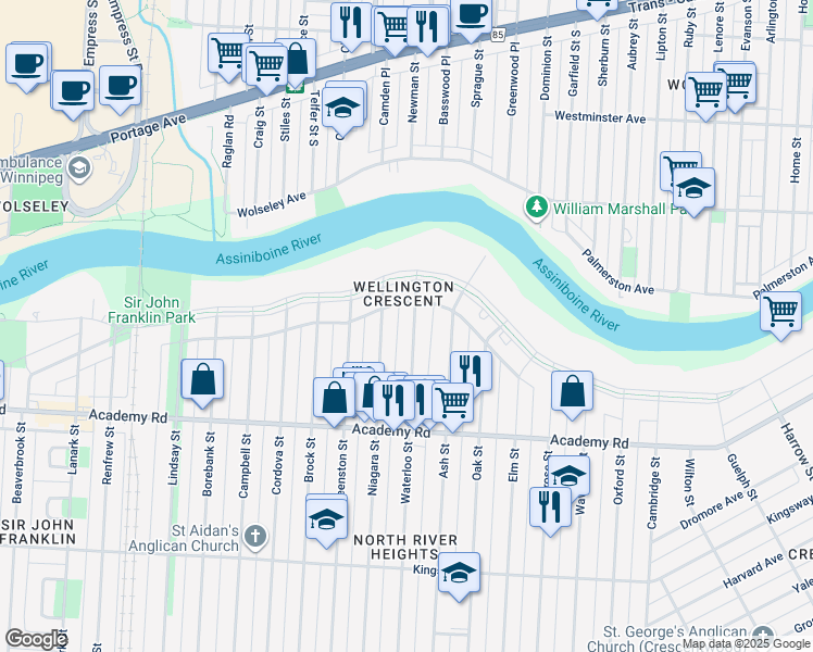 map of restaurants, bars, coffee shops, grocery stores, and more near 57 Waterloo Street in Winnipeg